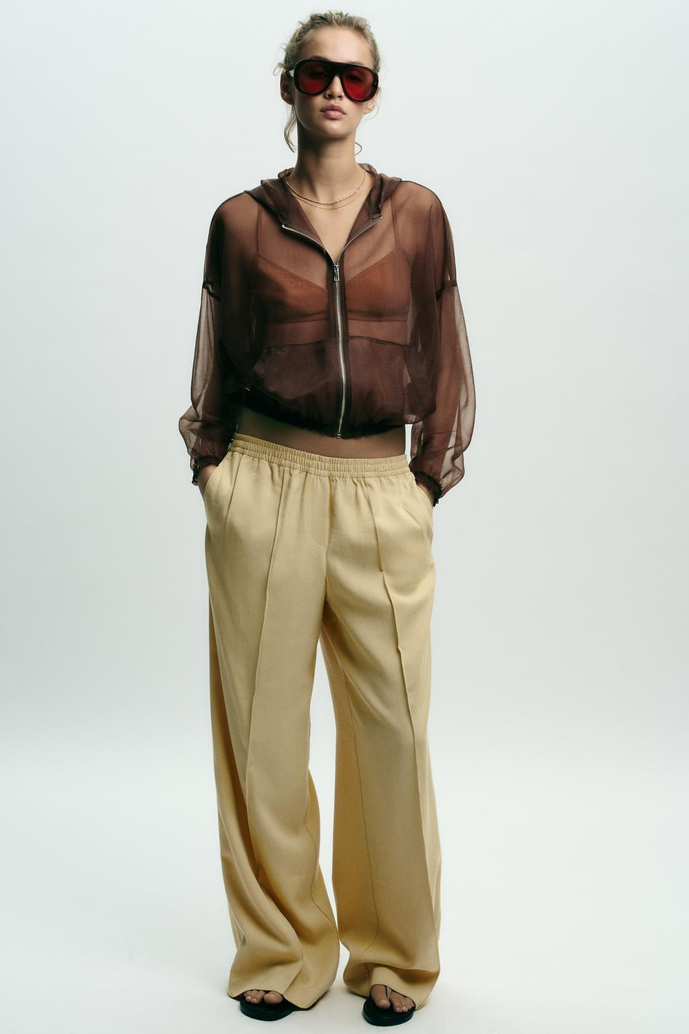 ZARA КУРТКА С КАПЮШОНОМ ИЗ ОРГАНЗЫ, КОРИЧНЕВЫЙ