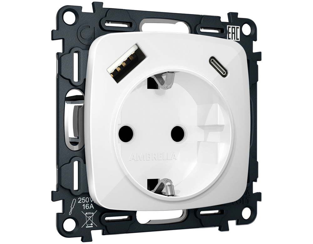 MO110010 Комплект механизма электрической розетки OMEGA Белый глянец 2USB A+C 20W (быстрая зарядка) с/з QUANT (OP1100, VM160)