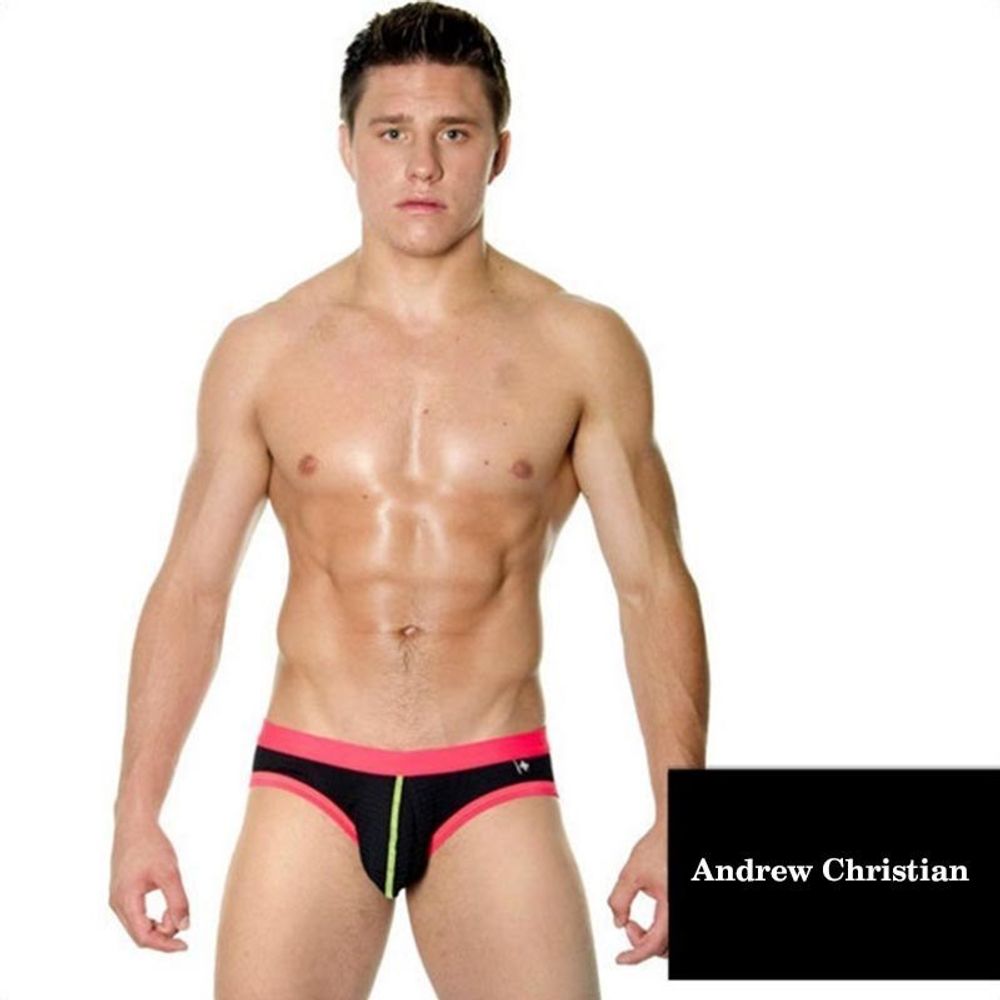 Мужские плавки черные в сетку(с подкладкой) и красной резинкой Andrew Christian Black