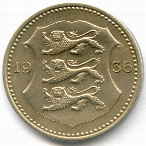 50 сентов 1936 год. Эстония. Никелевая бронза, диаметр 27,5 мм. XF