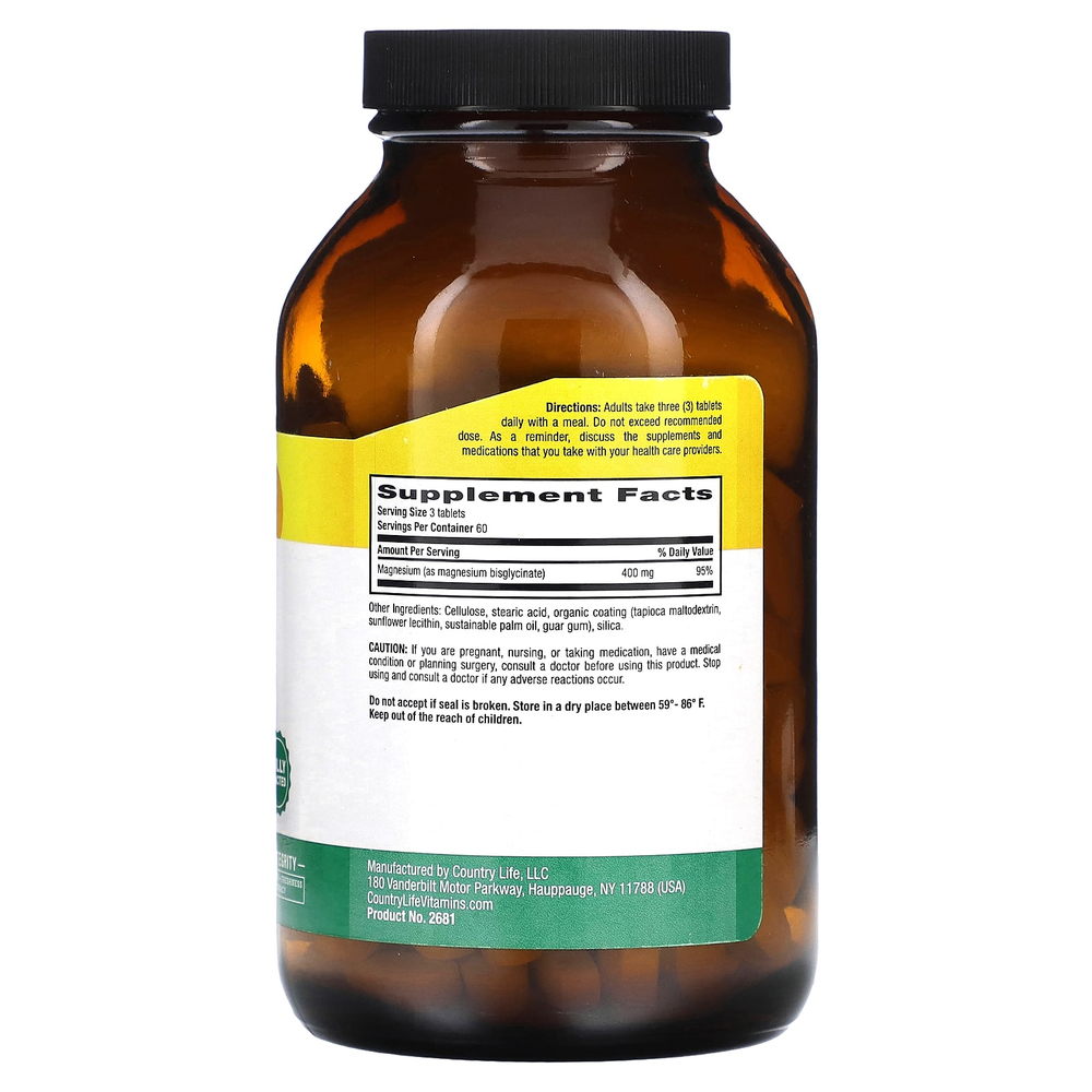 Country Life, хелатный глицинат магния, 180 таблеток (133 мг в 1 таблетке)