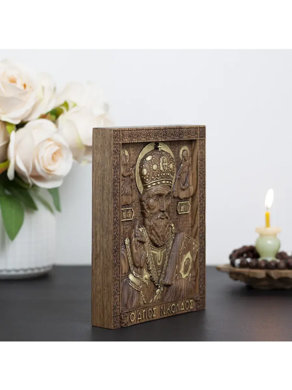 Николай Чудотворец деревянная резная икона, ясень