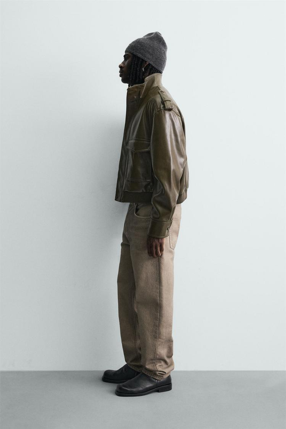 ZARA УКОРОЧЕННАЯ КУРТКА ИЗ ИСКУССТВЕННОЙ КОЖИ, ОЛИВКОВЫЙ