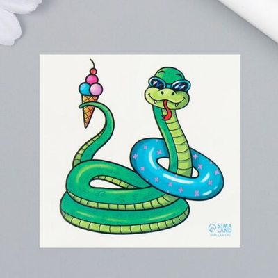 Татуировка на тело цветная Питончик на отдыхе 6х6 см