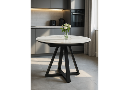 Керамический стол Woodville Нельсон 100(140)х100х76 alpine white, черный, ножки черные