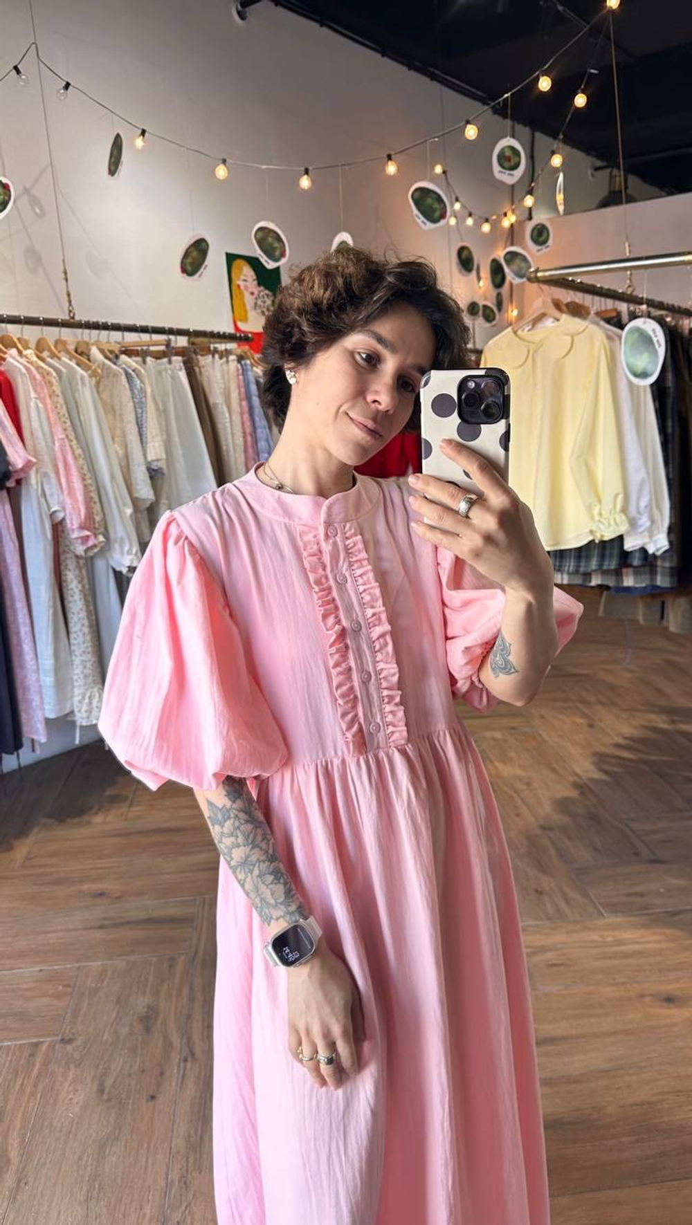 Платье с жабо и рукавами-фонариками, розовый хлопок