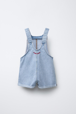 ZARA ДЖИНСОВЫЙ КОМБИНЕЗОН С ВЫШИВКОЙ «ВИШНЯ», ГОЛУБОЙ