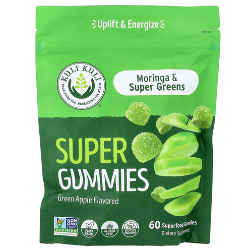 Kuli Kuli, Супер жевательные мармеладки, моринга и суперзелень, зеленое яблоко, 60 жевательных мармеладок