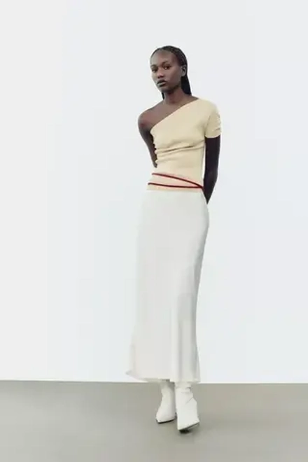 ZARA ТРИКОТАЖНЫЙ ТОП АСИММЕТРИЧНОГО КРОЯ СО СБОРКАМИ, ТЕМНО-БЕЖЕВЫЙ