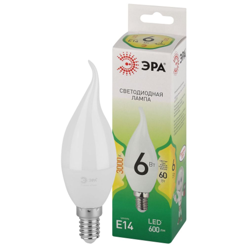 Лампа светодиодная ЭРА GREEN LINE LED BXS-6W-830-E14 GL 6Вт свеча на ветру теплый свет E14