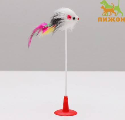 Игрушка для животных "Мышь на присоске" искусственный мех с перьями, 20 см