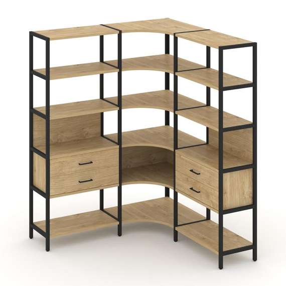 Shelf System Трехсекционный угловой стеллаж пятиярусный с ящиками SN.STMU-531 Тиквуд Светлый/Металл