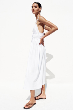ZARA ПЛАТЬЕ МИДИ ИЗ ПОПЛИНА НА БРЕТЕЛЯХ, БЕЛЫЙ