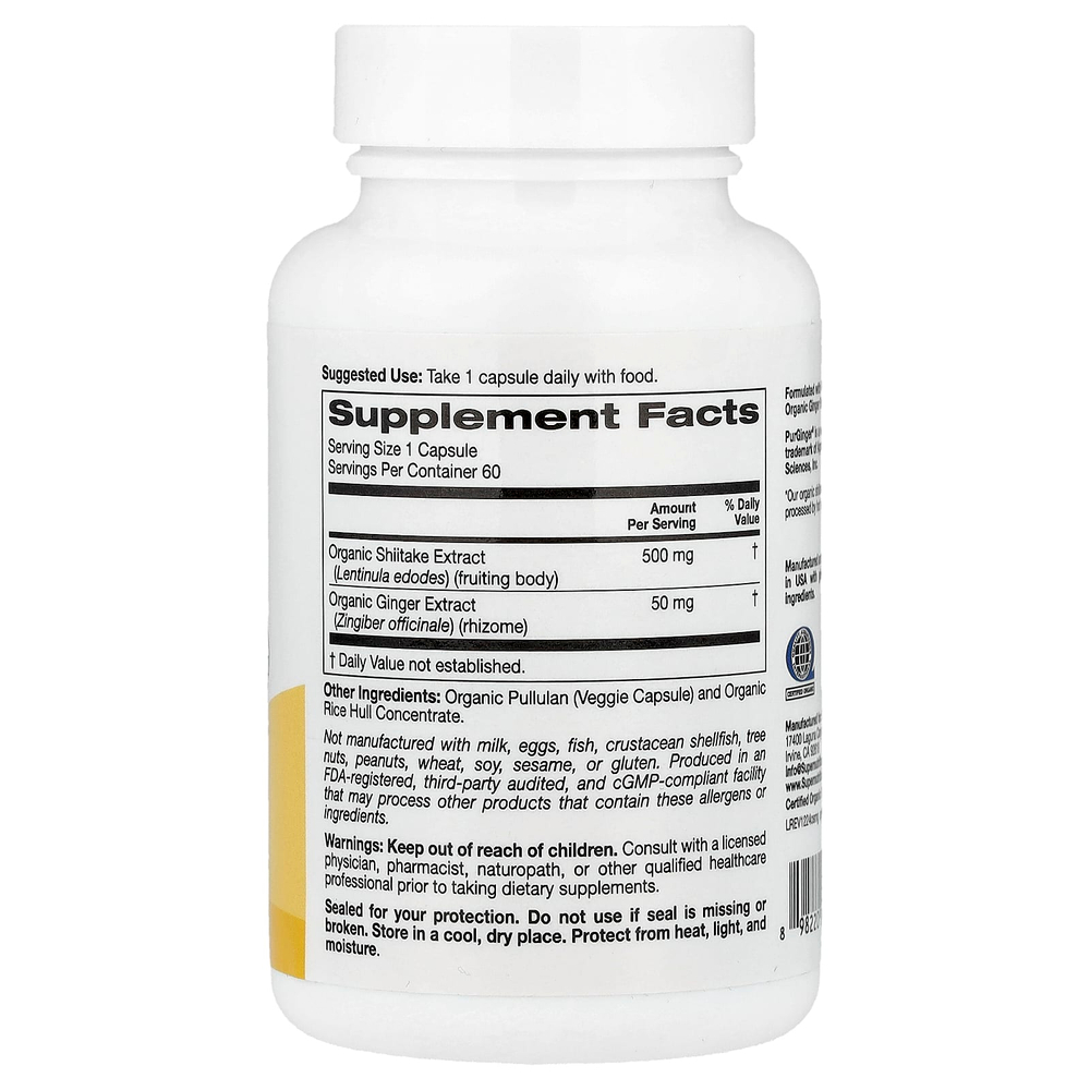 Super Nutrition, органический гриб шиитаке, имбирь, органический пуллулан и концентрат органической рисовой шелухи, 60 вегетарианских капсул