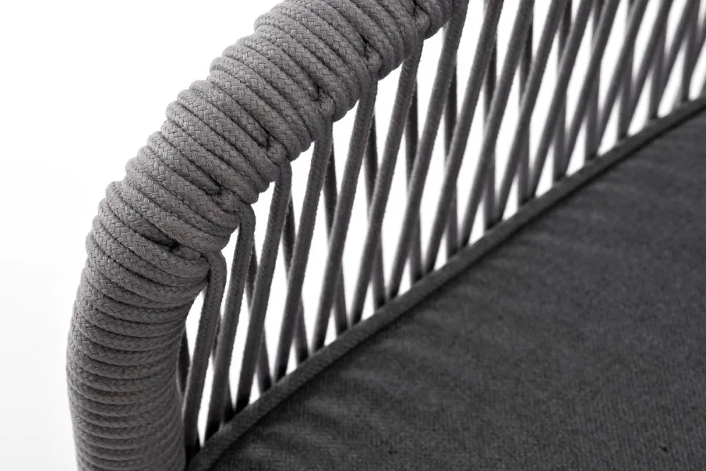 "Канны" диван 3-местный плетеный из роупа, каркас алюминий белый муар, роуп светло-серый круглый, ткань серая 017