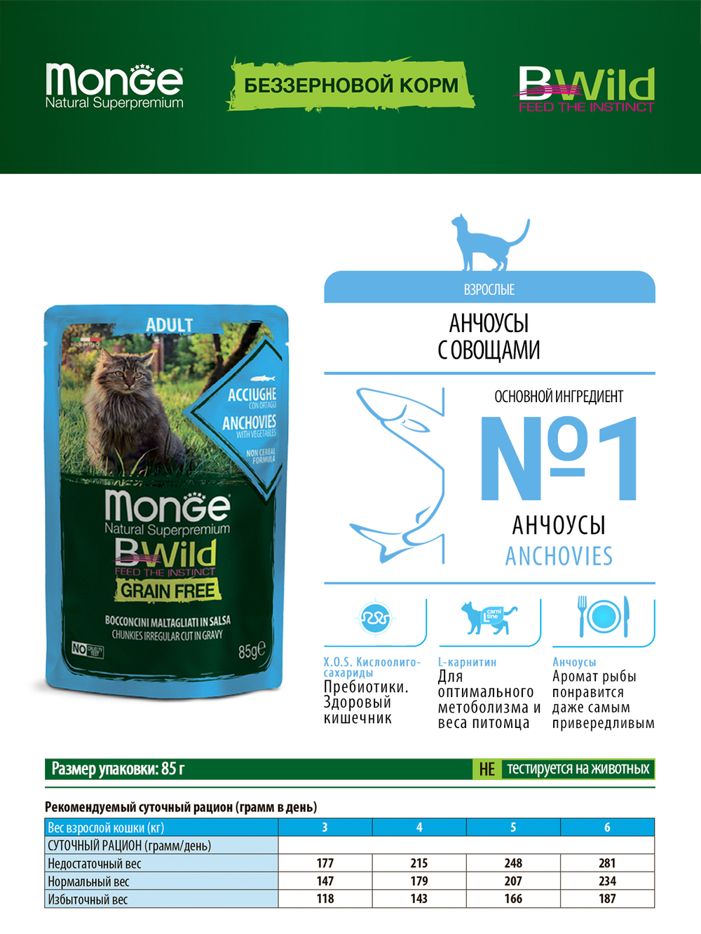 Monge Cat BWild GRAIN FREE паучи из анчоусов с овощами для взрослых кошек 85г