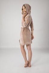 Халат женский велюровый с капюшоном 20187 бежевый  NUSA Турция