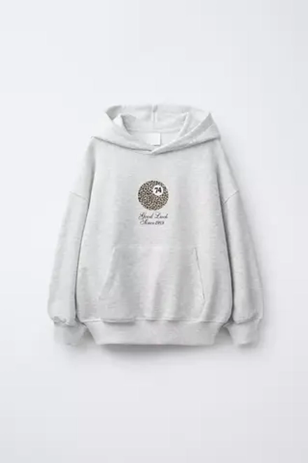 ZARA ХУДИ С КАПЮШОНОМ И ПРИНТОМ «БИЛЬЯРДНЫЙ ШАР», СЕРЫЙ МЕЛАНЖ