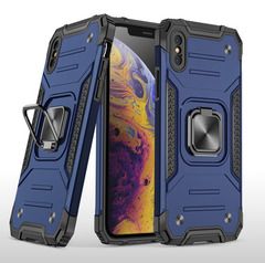 Противоударный чехол для iPhone XS Max синий с пластиной для магнитного автодержателя и кольцом подставкой