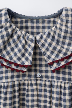 ZARA ПЛАТЬЕ В КЛЕТКУ С ВОЛНИСТОЙ ОТОРОЧКОЙ, СИНИЙ