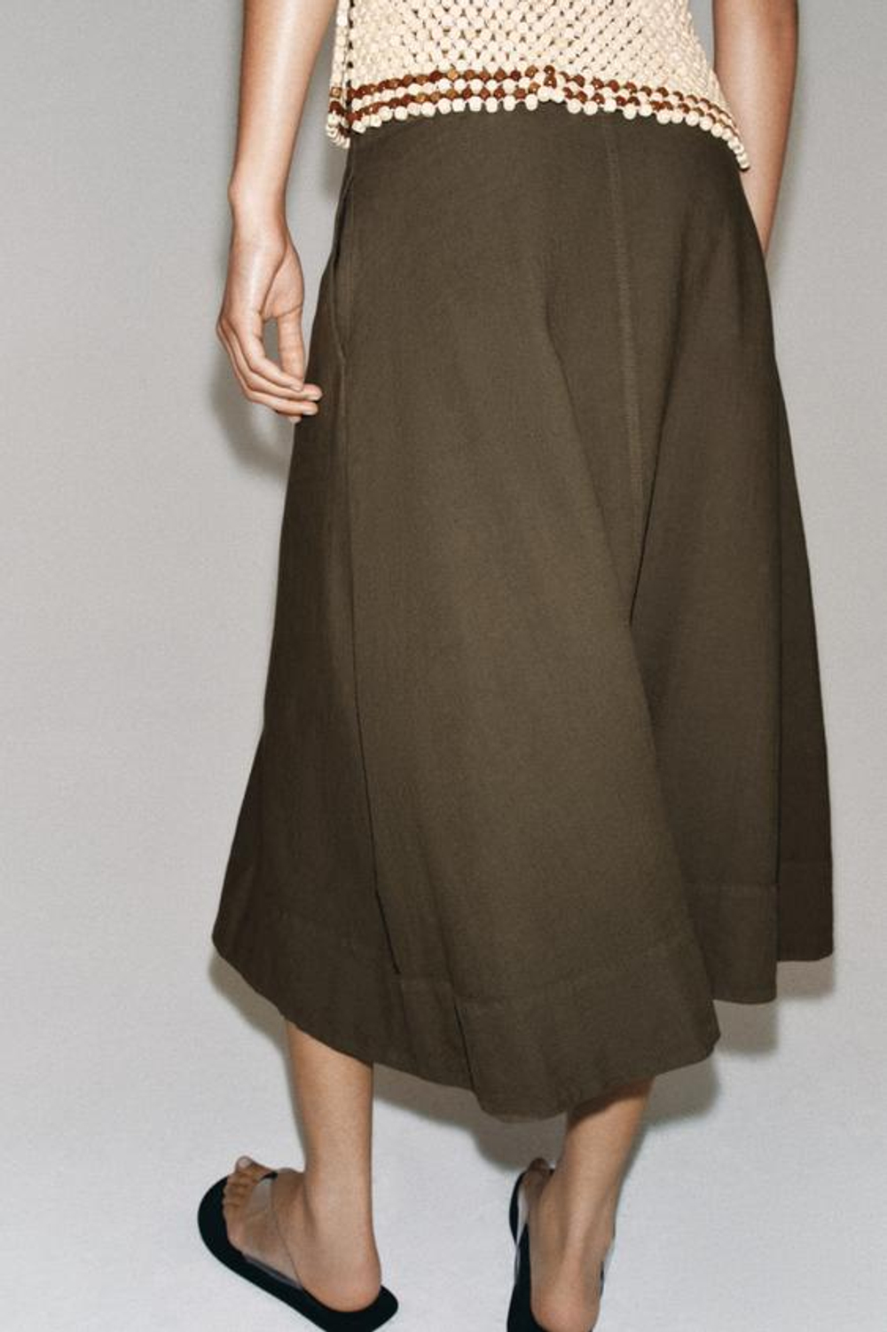 ZARA ЮБКА МИДИ ИЗ СМЕСОВОГО ЛЬНА — ZW COLLECTION, СЕРО-КОРИЧНЕВЫЙ