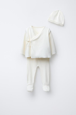 ZARA КОМПЛЕКТ ДЛЯ НОВОРОЖДЕННОГО И СУМОЧКА, ЖЕЛТОВАТО-БЕЛЫЙ