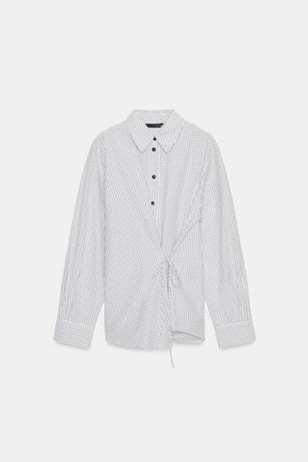 ZARA РУБАШКА В КЛЕТКУ С БАНТОМ, КОРИЧНЕВЫЙ/БЕЛЫЙ