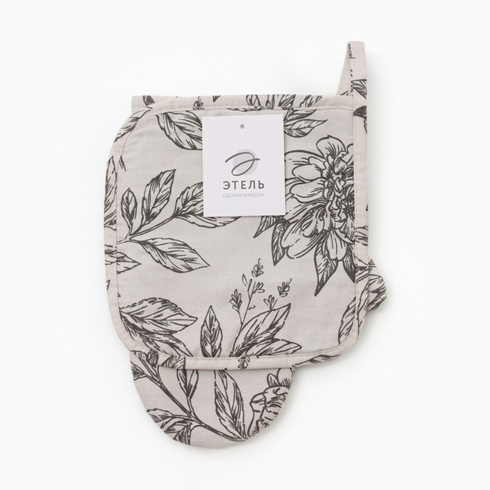 Набор кухонный «Этель» Black flowers: варежка-прихватка, прихватка, 100% хлопок, саржа 190 г/м²