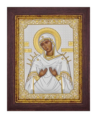 Семистрельная БМ, икона прямоугольная в рамке под стеклом, красное дерево 170х210