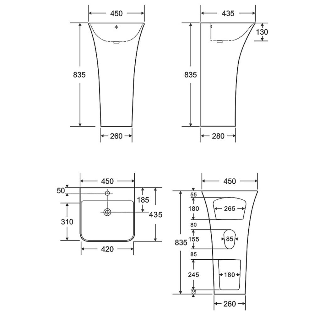 Раковина напольная AZARIO FRETTA SQUARE 450х435х835 отдельностоящая, прямоугольная (AZ-315)
