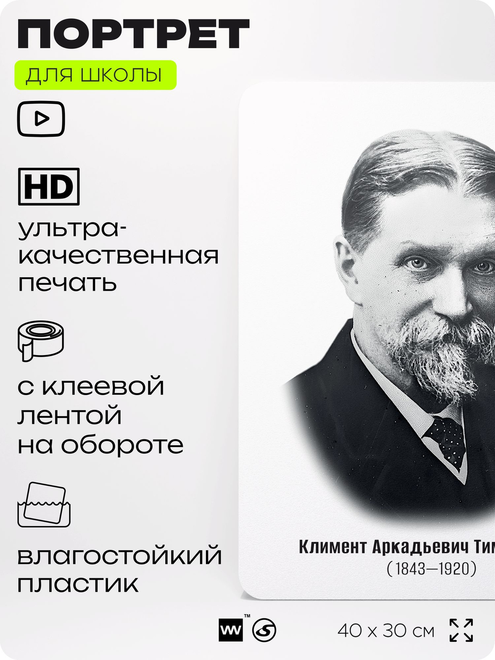 Портрет для школы в кабинет биологии "Климент Аркадьевич Тимирязев", стенд школьный для класса, деятели науки для оформления классного уголка, 40х30 см, Silver Plane x Айдентика Технолоджи