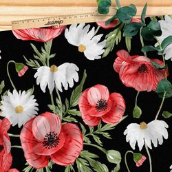 Ткань флис маки на черном