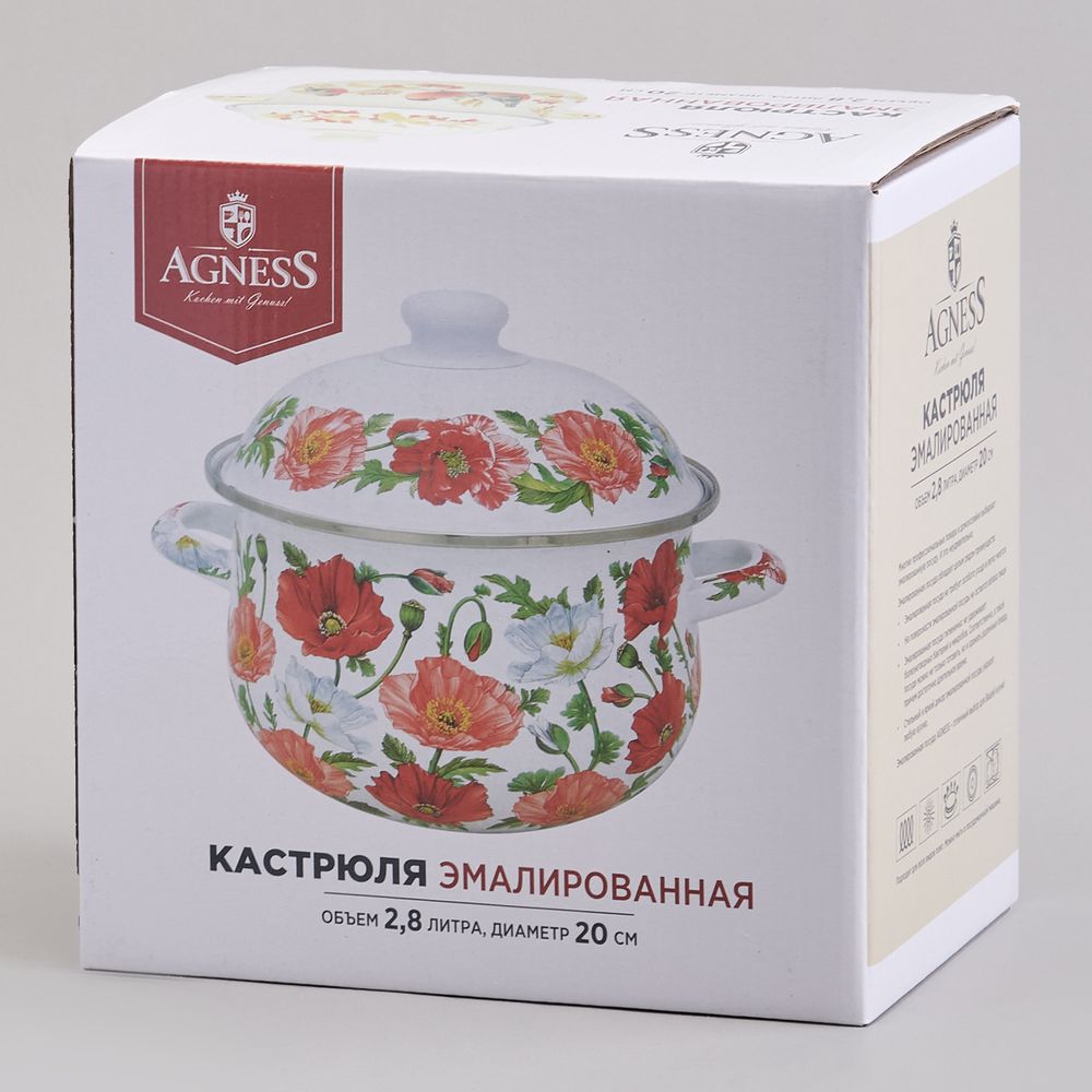 КАСТРЮЛЯ AGNESS ЭМАЛИРОВАННАЯ С ЭМАЛ.КРЫШКОЙ СЕРИЯ "МАКИ", 2.8 Л, 20*12 СМ
