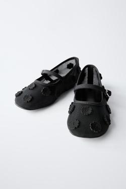 ZARA БАЛЕТКИ «ЦВЕТЫ», ЧЕРНЫЙ