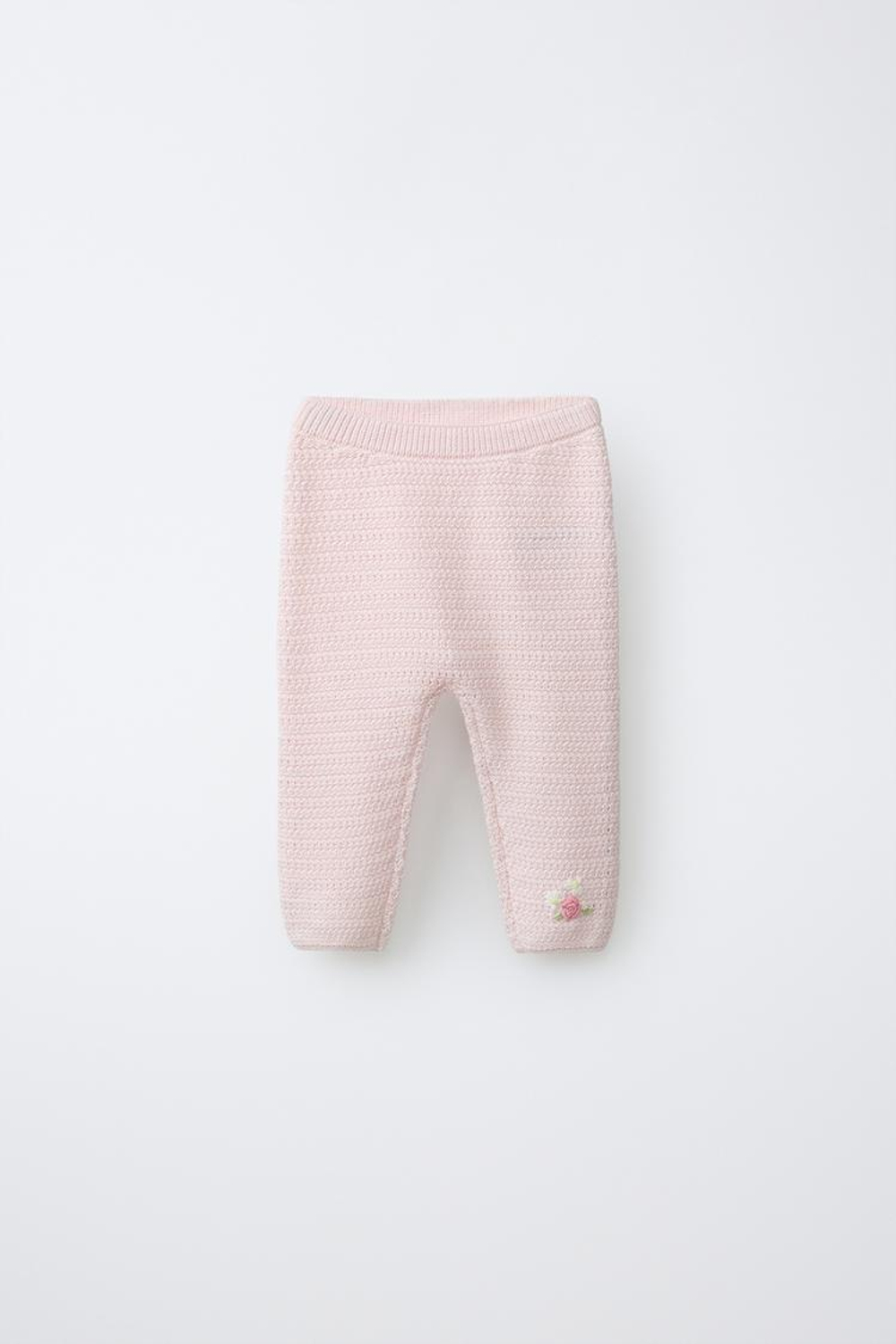 ZARA ТРИКОТАЖНЫЕ БРЮКИ С ВЫШИТЫМ ЦВЕТКОМ, СВЕТЛО-РОЗОВЫЙ