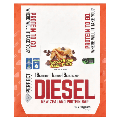 PERFECT Sports, Diesel, новозеландский протеиновый батончик, шоколадная крошка и арахисовая паста, 12 батончиков по 50 г