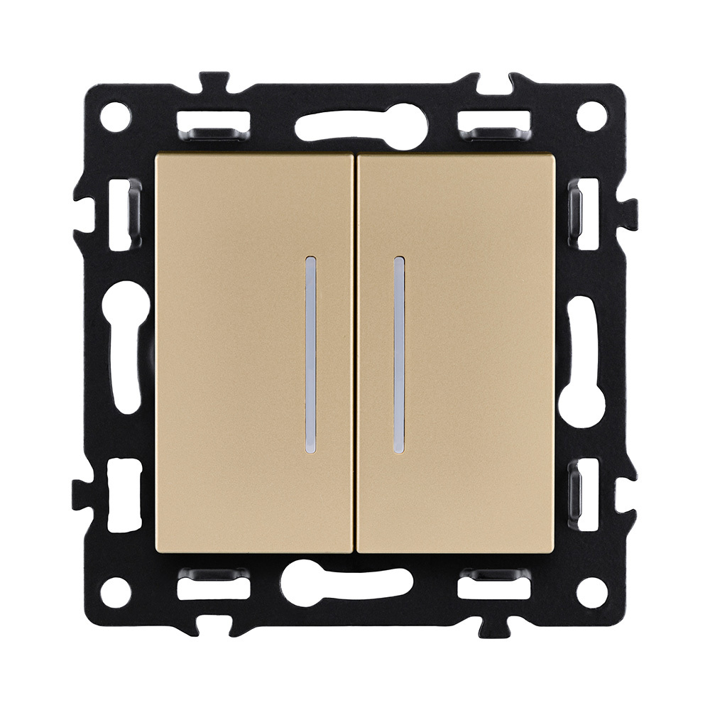 Выключатель 2-клавишный проходной 10А/250В с LED подсветкой, золотой Kollinger Asthetik AS-011GD