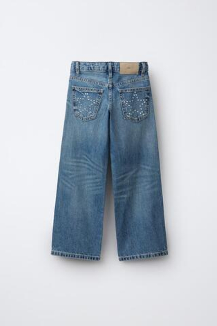 ZARA ДЖИНСЫ WIDE LEG СО СТРАЗАМИ «ЗВЕЗДЫ», СИНИЙ