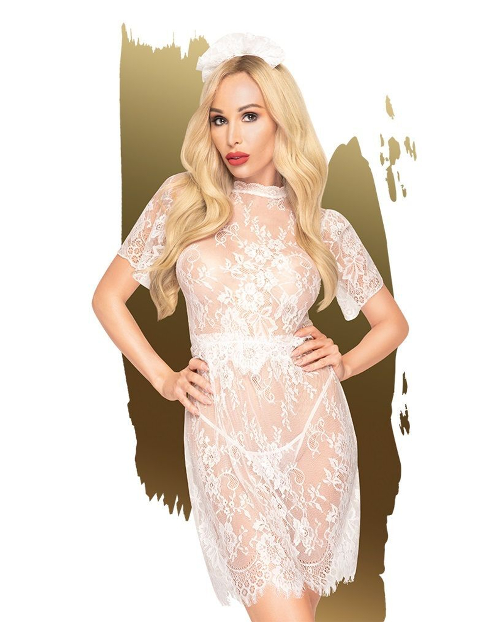 Пикантное ажурное платье Poison cookie в комплекте с трусиками и повязкой (Размер: M-L) (Цвет: белый)