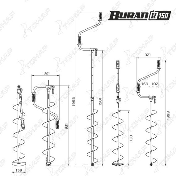 Ледобур BURAN 150R правое вращение, цельнотянутый шнек (LB-150R) Тонар