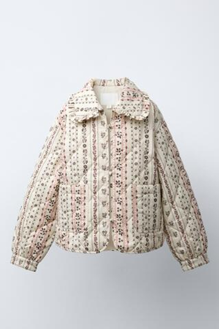 ZARA СТЕГАНАЯ КУРТКА С ПРИНТОМ, СВЕТЛО-БЕЖЕВЫЙ