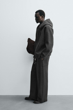 ZARA БРЮКИ INTERLOCK WIDE FIT, ТЕМНО-СЕРЫЙ