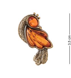 AM-2378 Брошь «Птичка» (латунь, янтарь)