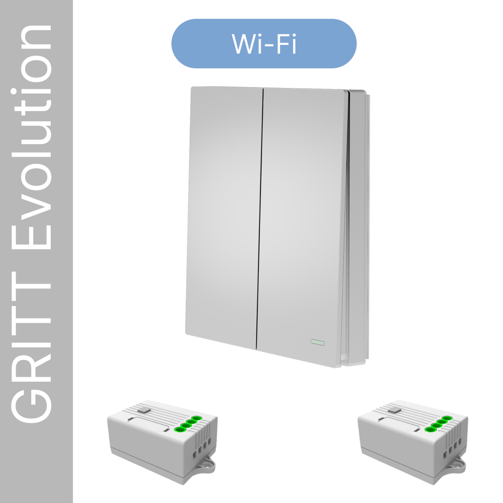 Умный беспроводной выключатель GRITT Evolution 2кл. серебристый комплект: 1 выкл. IP67, 2 реле 1000Вт 433+WiFi с управлением со смартфона EV221220SLWF