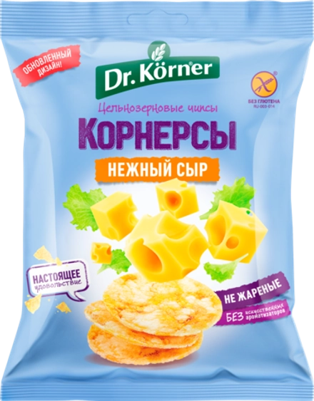 Dr.Korner Чипсы цельнозерновые кукурузно-рисовые с сыром 50гр, блок 14шт.