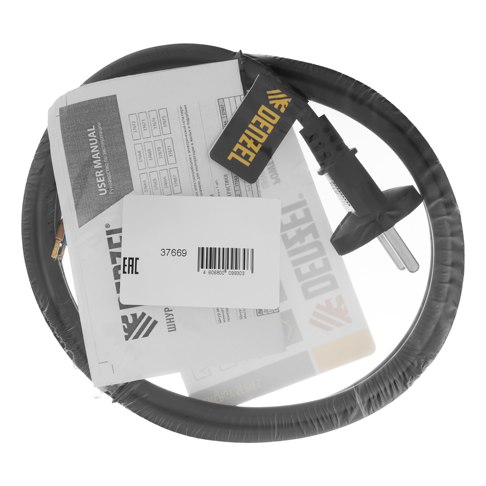 Шнур сетевой Energy Series, ПВС, 1,5 м, 2 x 1,5 мм, с неразборной вилкой, черный, Denzel