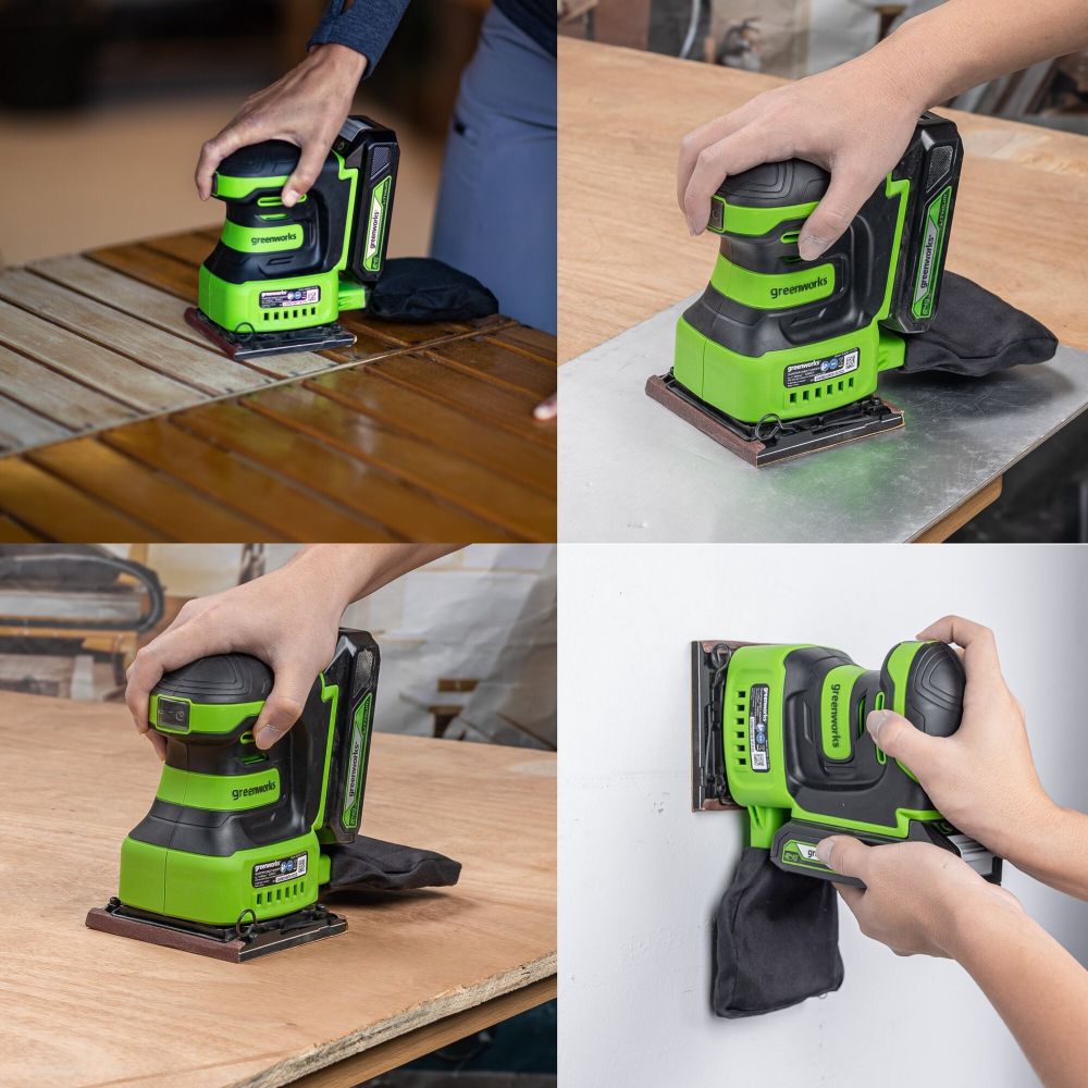 Плоская шлифмашина акк. Greenworks G24SS14, 24V, 115x140мм, 5500 об/мин, ампл. 1,6 мм,1х2Ач,ЗУ,кор (3100507CUA)