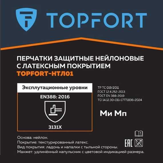Перчатки нейлоновые с латексным покрытием серые/синие TOPFORT НТЛ 01