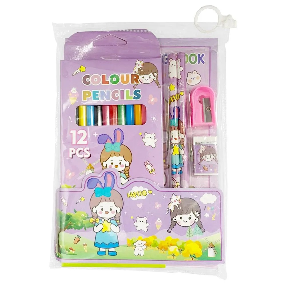 Набор школьный c альбомом для рисования 12 листов, 12 цветных карандашей, 2 простых карандаша, ластик и точилка, Девочка