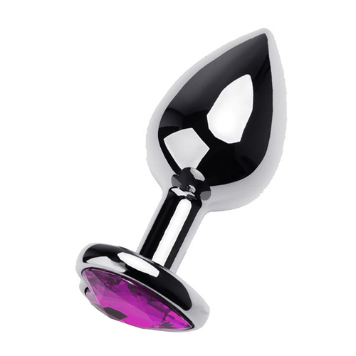 Серебристая анальная втулка 9,5см с фиолетовым стразом сердцем ToyFa Metal 717019-4